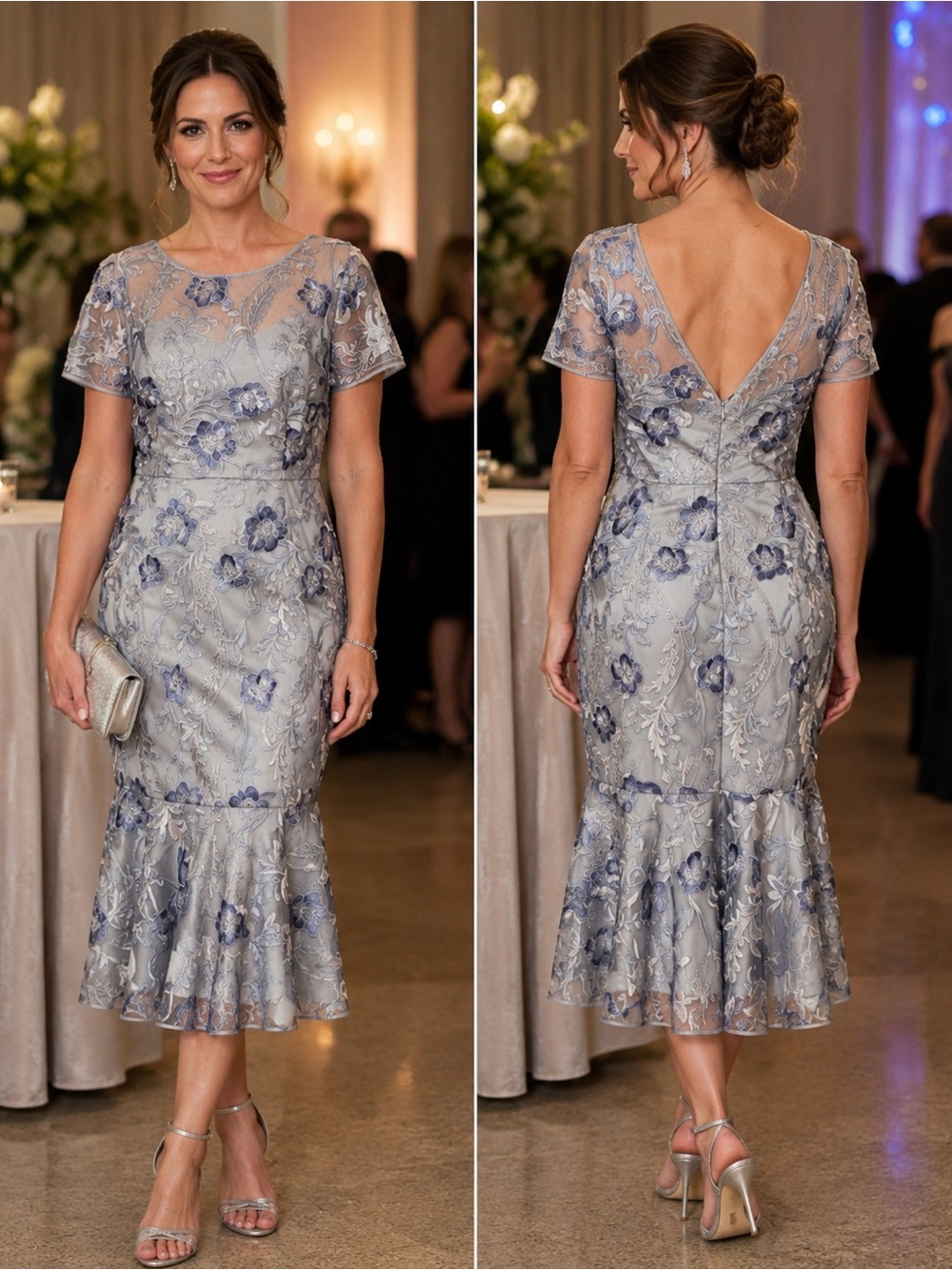 R&M Richards Silver Gray Periwinkle Floral Embroidered Formal Dress 12 NWT